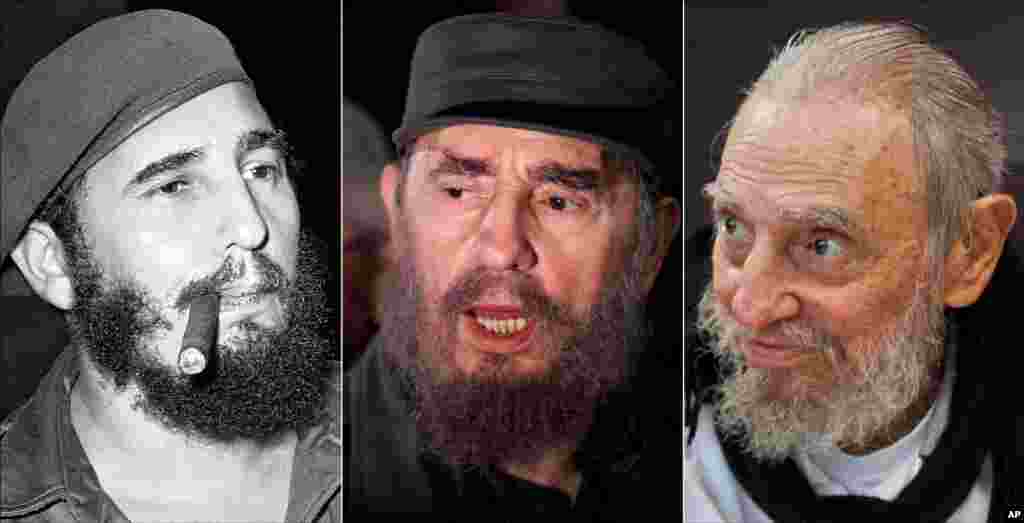 Gabungan Fidel Castro, dari kiri, sedang merokok cerutu di Havana, Kuba, 29 April 1961; berbicara kepada media dalam misi untuk menjemput seorang anak Kuba, Elian Gonzalez di Washington, D.C., 6 April 2000; dan di rumahnya di Havana, 13 Februari 2016.
