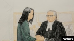 Caricature du procès de la directrice financière de Huawei, Meng Wanzhou (à gauche),au Canada, le 10 décembre 2018. REUTERS / Jane Wolsak 