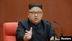 Kim Jong Un speaks during the Second Plenum of the 7th Central Committee of the Workers' Party of Korea (WPK) at the Kumsusan Palace of the Sun, in this undated photo released by North Korea's Korean Central News Agency (KCNA) in Pyongyang, Oct. 8, 2017.