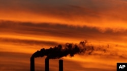FILE - A flock of Geese fly past the smokestacks at the Jeffrey Energy Center coal power plant as the suns sets near Emmett, Kansas. 
