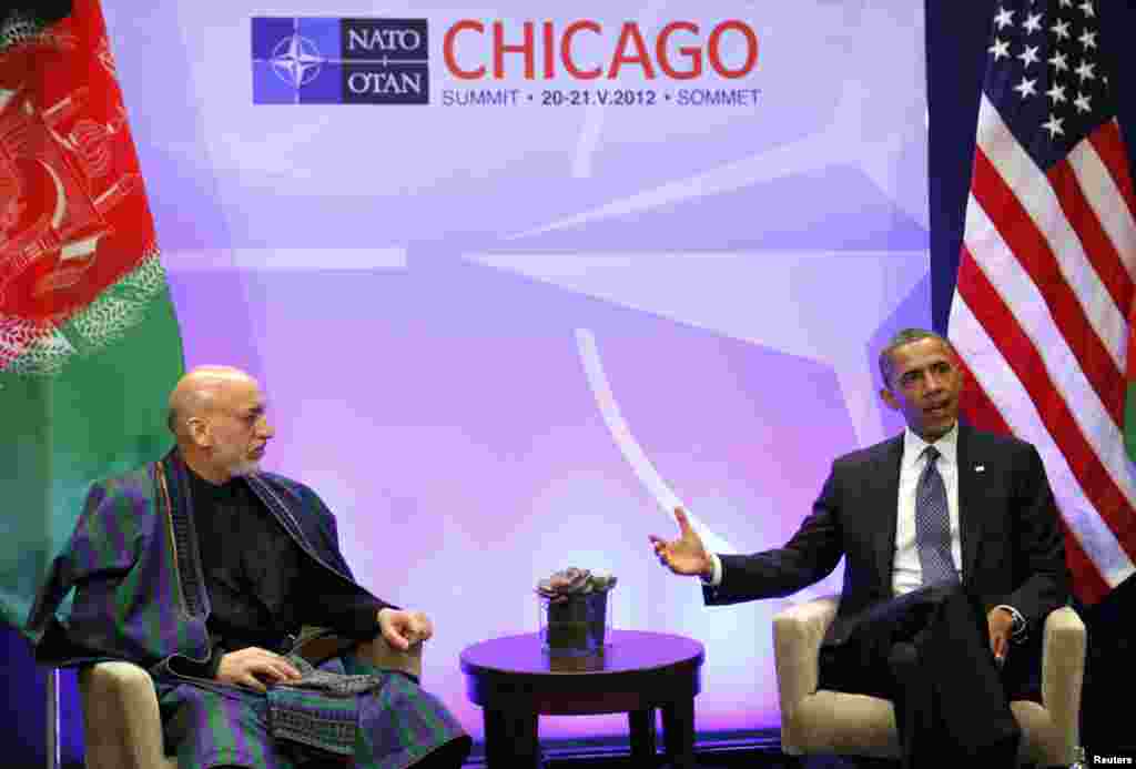 U.S. President Barack Obama during a meeting with Afghanistan's President Hamid Karzai at the NATO Summit at McCormick Place in Chicago, May 20, 2012.