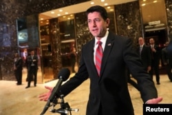U.S. House Speaker Paul Ryan speaks to reporters after meeting with President-elect Donald Trump at Trump Tower in New York, Dec. 9, 2016.