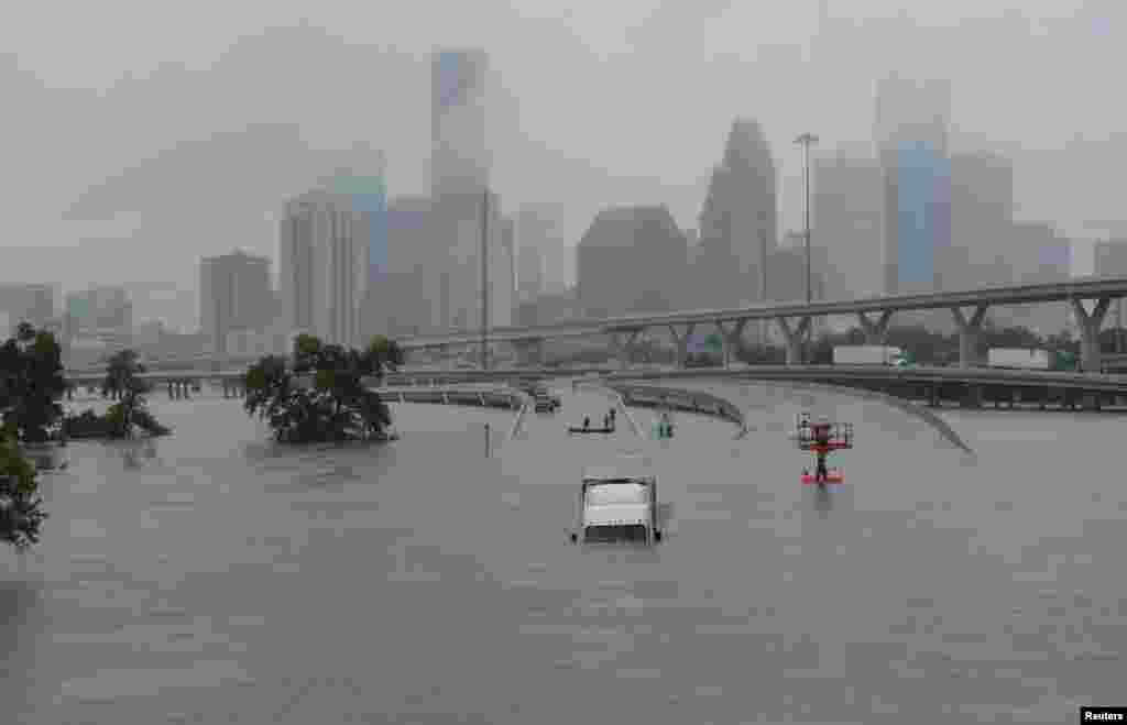 Interstate highway 45 is submerged from the effects of Hurricane Harvey seen during widespread flooding in Houston, Texas, Aug. 27, 2017.