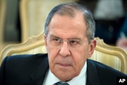 Russian Foreign Minister Sergey Lavrov speaks during his meeting with U.N. Special Envoy for Syria Staffan de Mistura in Moscow, Russia, April 20, 2018.