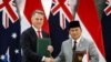 Indonesia's Defense Minister and President-elect Prabowo Subianto, right, and Australia's Deputy Prime Minister and Defense Minister Richard Marles shake hands after signing the Australia-Indonesia Defense Cooperation Agreement Aug. 29, 2024.
