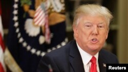 FILE - U.S. President Donald Trump speaks in the Eisenhower Execution Office Building in Washington, April 11, 2017.