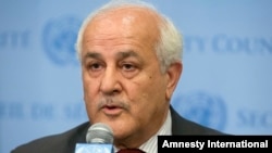 FILE - Palestinian U.N. Ambassador Riyad Mansour speaks following a meeting of the U.N. Security Council, July 28, 2014. 