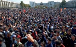 Protesters rally against the results of a parliamentary vote, in Bishkek, Kyrgyzstan, Oct. 5, 2020.