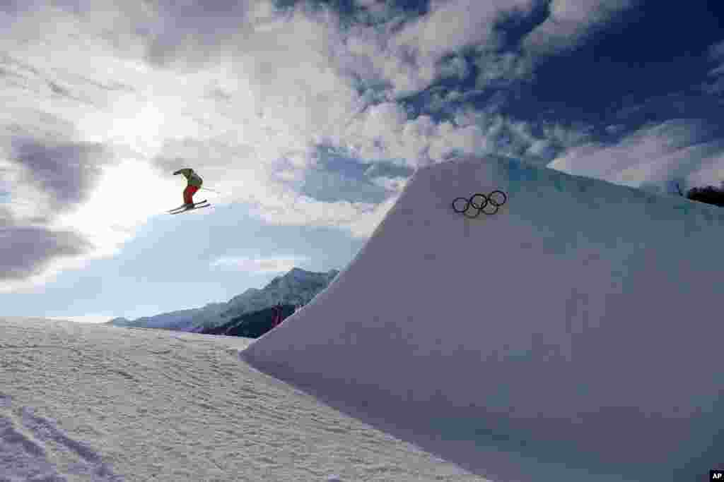 Chile's Dominique Ohaco takes a jump during freestyle training in Krasnaya Polyana, Russia, Feb. 10, 2014.