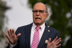 White House chief economic adviser Larry Kudlow talks to reporters at the White House, Tuesday, April 7, 2020, in Washington. (AP Photo/Evan Vucci)