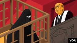 Ilustrasi seorang perempuan di dalam kerangkeng kayu di sebuah persidangan di Irak.