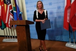 Federica Mogherini, high representative for foreign affairs and security policy of the European Commission, speaks following a meeting among parties to the Iran nuclear deal at U.N. headquarters in New York, Sept. 25, 2019.