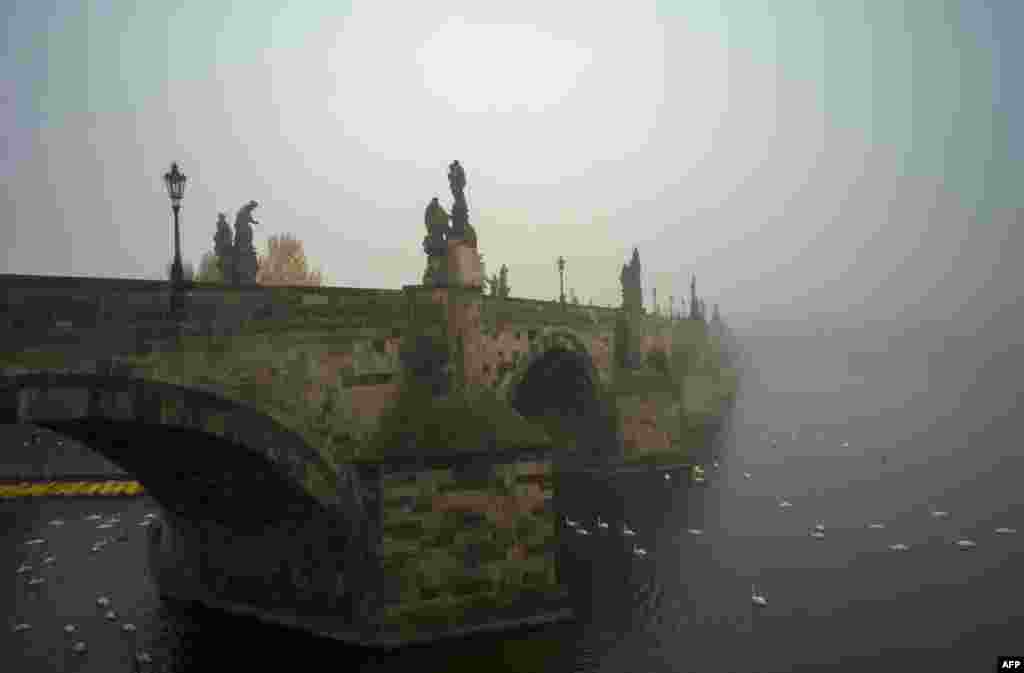 ស្ពាន Charles Bridge នៅអំឡុងពេលចុះអព្ទពេលព្រឹកមួយ ក្នុងរដ្ឋធានីប្រាក។