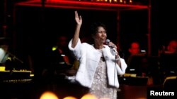 FILE - Aretha Franklin performs during the commemoration of the Elton John AIDS Foundation 25th year fall gala at the Cathedral of St. John the Divine in New York City, in New York, U.S., Nov. 7, 2017.