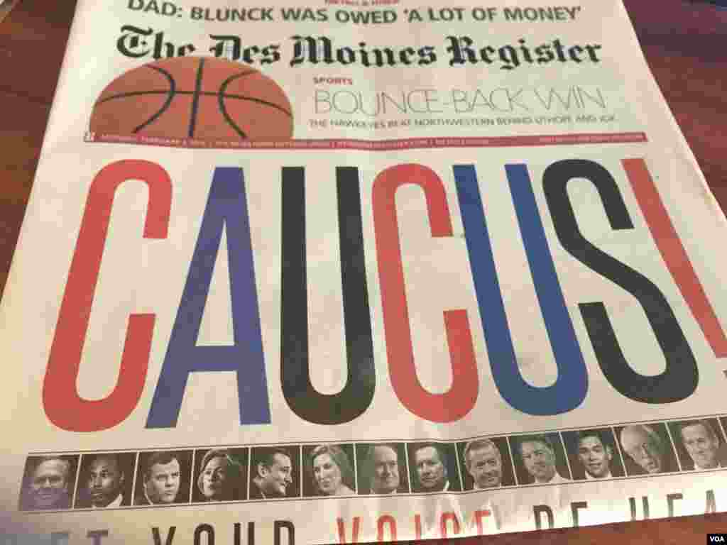 Front page of the Des Moines Register newspaper, Feb. 1, 2016. (K. Gypson/VOA)