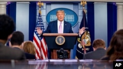 President Donald Trump speaks at a news conference in the James Brady Press Briefing Room at the White House, Aug. 11, 2020.