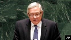 Sergueï Riabkov, ministre adjoint des Affaires étrangères de la Russie, à la tribune de l'ONU, New York, le 4 mai 2010.
