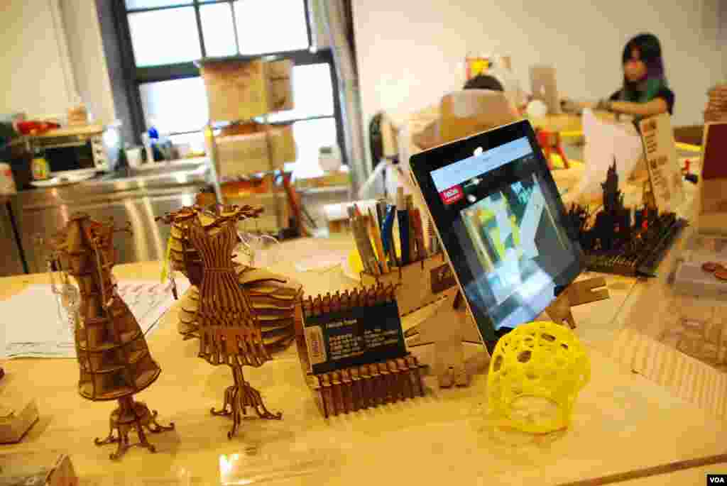 Design samples on display in Tim Wong’s office in Taipei, Taiwan. (Iris Tong/VOA)