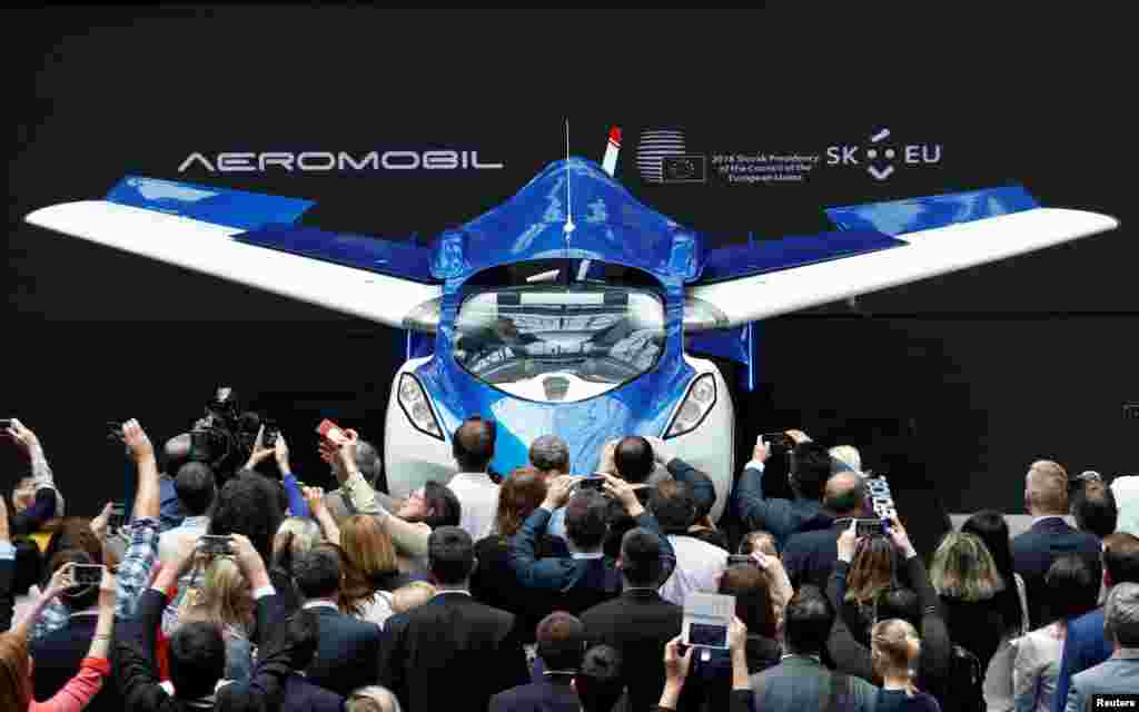 AeroMobil, a flying car prototype, is pictured during a ceremony marking the change of the rotating presidency of the European Council by Slovakia, in Brussels, Belgium.