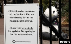 The figure of a panda is seen behind a sign telling the public that the National Zoo is closed due to the partial government shutdown in Washington, Jan. 2, 2019.