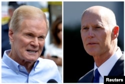FILE - U.S. Senator Bill Nelson (L) speaks in Orlando, Florida, June 12, 2016, and Florida Governor Rick Scott appears in Washington, D.C., Sept. 29, 2017, respectively. The race between them for a U.S. Senate seat is still undecided.