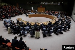 Members of the U.N. Security Council meet to discuss the latest North Korean missile launch at U.N. headquarters in New York, Nov. 29, 2017.
