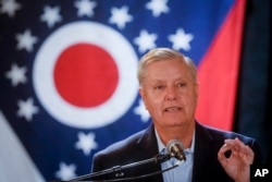 FILE - Sen. Lindsey Graham, R-S.C., speaks during a campaign event in Cincinnati, Oct. 30, 2018.