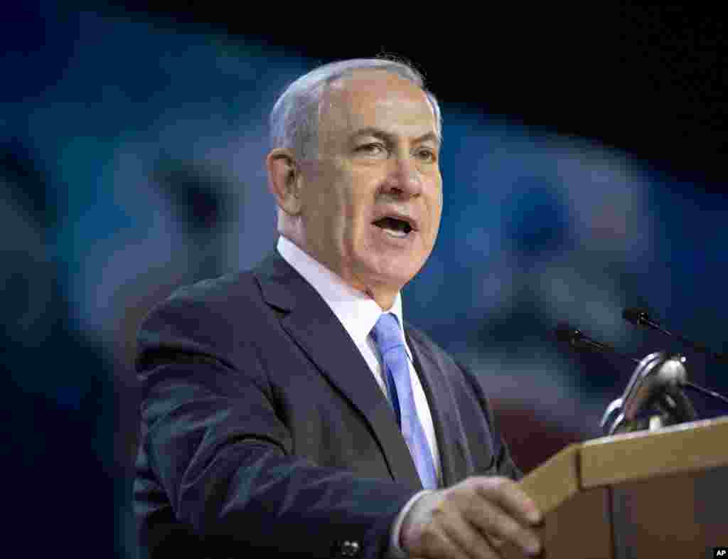 Perdana Menteri Israel, Benjamin Netanyahu, berbicara di konferensi kebijakan Komite Urusan Publik Israel (AIPAC) di Washington (2/3). (AP/Pablo Martinez Monsivais)