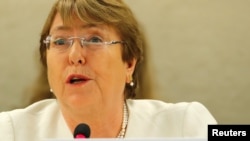 New United Nations High Commissioner for Human Rights Michelle Bachelet attends the Human Rights Council at the United Nations in Geneva, Switzerland, Sept. 10, 2018. 