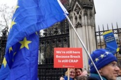 FILE - Anti-Brexit demonstrators hold signs outside the Houses of Parliament in London, Britain, Dec. 17, 2019.