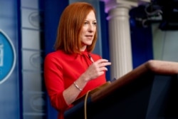 FILE - White House press secretary Jen Psaki speaks during a press briefing at the White House in Washington.