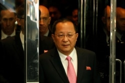 FILE - North Korean Foreign Minister Ri Yong-ho walks to speak to the media outside the Millennium hotel in New York, Sept. 25, 2017.