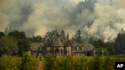 A wildfire burns behind a winery, Oct. 14, 2017, in Santa Rosa, California.