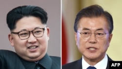 Le dirigeant nord-coréen Kim Jong Un (G) et son homologue de la Corée du Sud, Moon Jae-In.