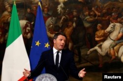 FILE: Matteo Renzi speaks during a media conference after a referendum on constitutional reform at Chigi palace in Rome, Dec. 5, 2016.
