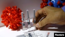 Kandidat vaksin virus corona dari Sinovac Biotech Ltd dipamerkan dalam stannya untuk dipajang selama China International Fair for Trade in Services (CIFTIS) 2020, setelah wabah Covid-19, di Beijing. (Foto: Reuters)