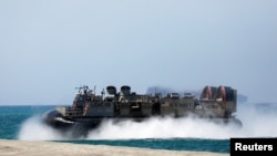 FILE - A Landing Craft Air Cushion (LCAC) vehicle is pictured during the amphibious landing exercises of the U.S.-Philippines war games promoting bilateral ties at a military camp in Zambales province, Philippines, April 11, 2019.