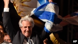 Presidential candidate for the ruling Broad Front party Tabare Vazquez celebrates in Montevideo, Uruguay, Nov. 30, 2014.