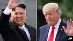 Une combinaison de photos montrant le président américain Donald Trump, à droite, à Washington, le 29 avril 2017 et le leader nord-coréen Kim Jong Un à Pyongyang, Corée du Nord, le 15 avril 2017.