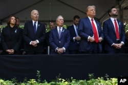 Vice President Kamala Harris, President Joe Biden, former New York Mayor Michael Bloomberg, former President Donald Trump and Senator JD Vance attend a memorial ceremony in New York on Sept. 11, 2024.