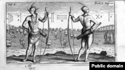 Indians in Virginia. Engraving by Theodore de Bry, 1590, based on a watercolor by John White in 1585.
