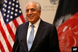 FILE - Special Representative for Afghanistan Reconciliation Zalmay Khalilzad speaks on the prospects for peace at the U.S. Institute of Peace in Washington, Feb. 8, 2019.