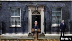 British Prime Minister Liz Truss announces her resignation outside Number 10 Downing Street, London, Britain, Oct. 20, 2022. 