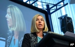 FILE - European Union foreign policy chief Federica Mogherini speaks during an EU ambassadors conference at the EU Charlemagne building in Brussels, Belgium, Sept. 3, 2018.