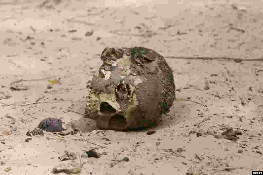 Le crâne d'un homme décapité est apperçu dans une fosse commune dans la ville de Damasak récemment reprise de mains de comabbtants du groupe Boko Haram, vendredi 20 mars 2015.