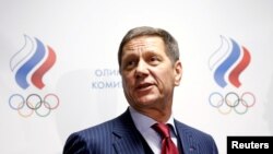 FILE - Russian Olympic Committee head Alexander Zhukov addresses journalists after an extraordinary meeting on issues, connected with Russian athletics team and federation, and held by the executive committee of the Russian Olympic Committee in Moscow, No