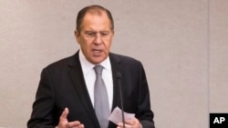 Russian Foreign Minister Sergey Lavrov speaks in the State Duma, lower parliament house, in Moscow, Jan. 25, 2017.