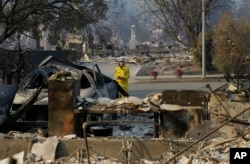 A California Fire Department forester inspects damage at homes destroyed by fires in Santa Rosa, Calif., Oct. 12, 2017.