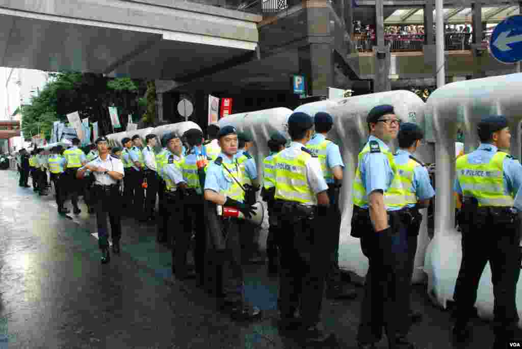 Police guarding the protest area.