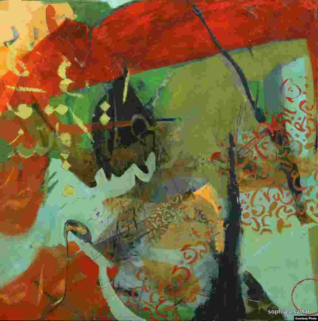 Sophia Sattar of Pakistan sees her painting, "Alphabet Twin," as an amalgamation of East with West, classic with contemporary. (International Museum of Women)